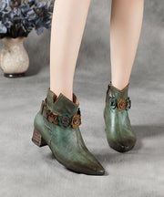 Art Green Floral Zippered Splicing Chunky Boots Pointed Toe