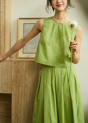 Art Green O-Neck Cotton Top And Pleated Skirt Two Pieces Set Sleeveless