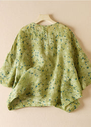 Art Green O Neck Print Patchwork Cotton Blouse Top Half Sleeve