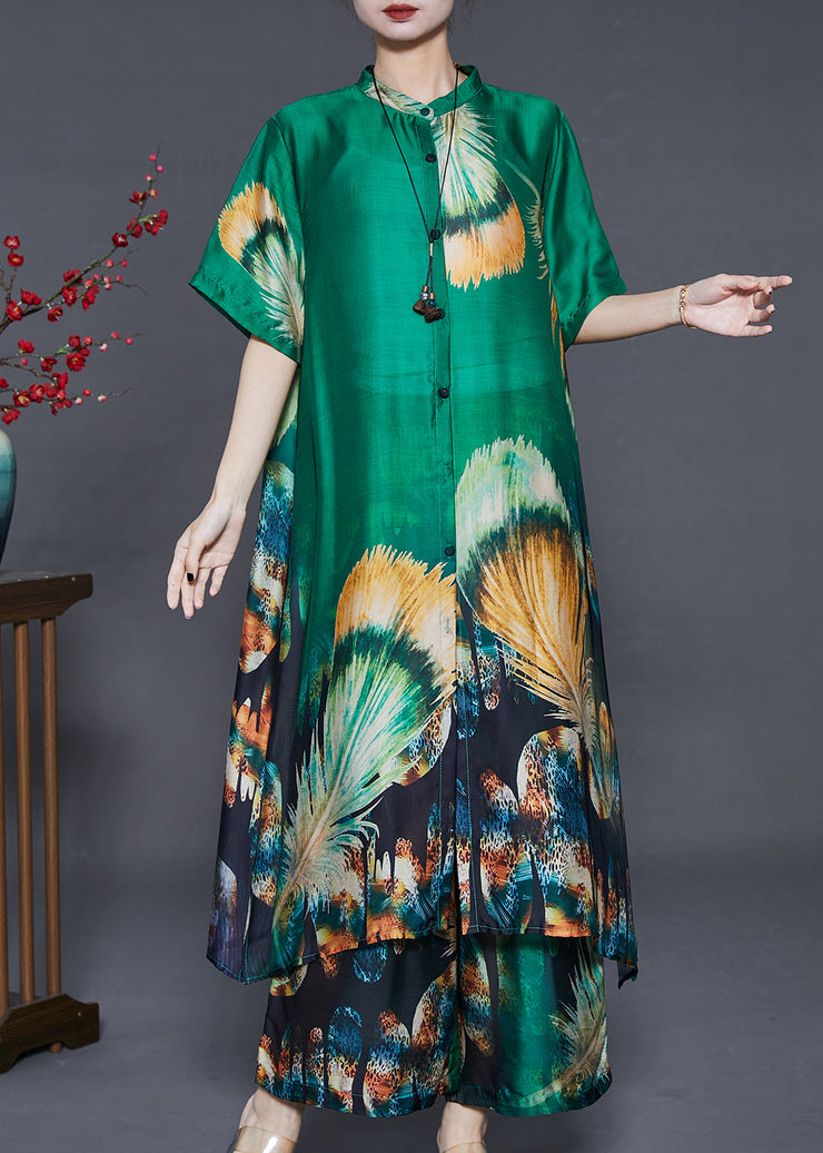 Art Green Oversized Print Linen Silk Two Pieces Set Summer