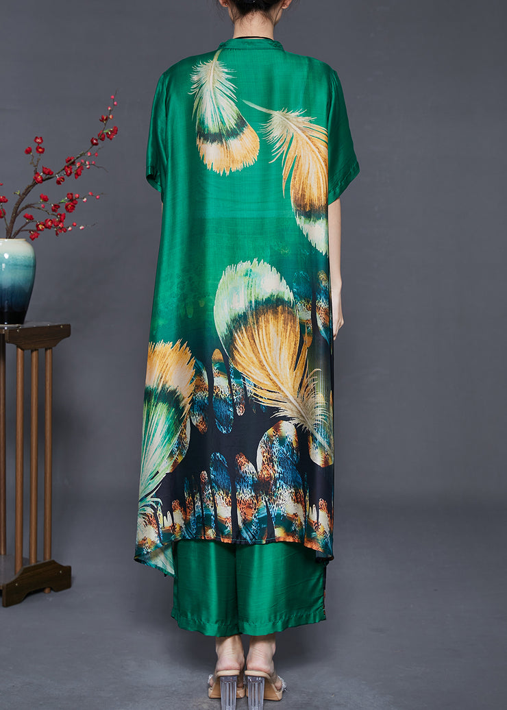 Art Green Oversized Print Linen Silk Two Pieces Set Summer