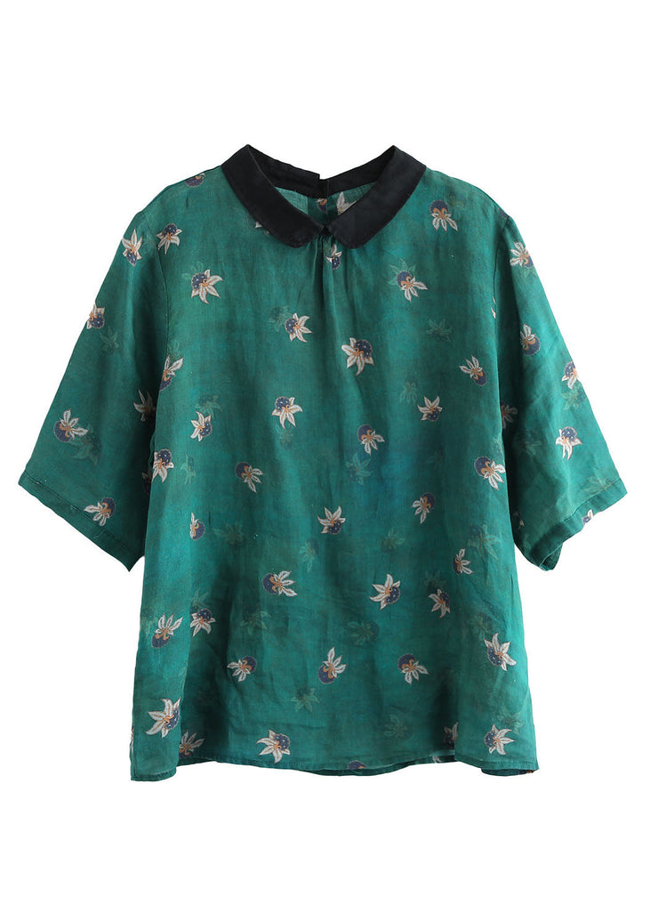 Art Green Peter Pan Collar Print Patchwork Cotton Shirt Top Summer