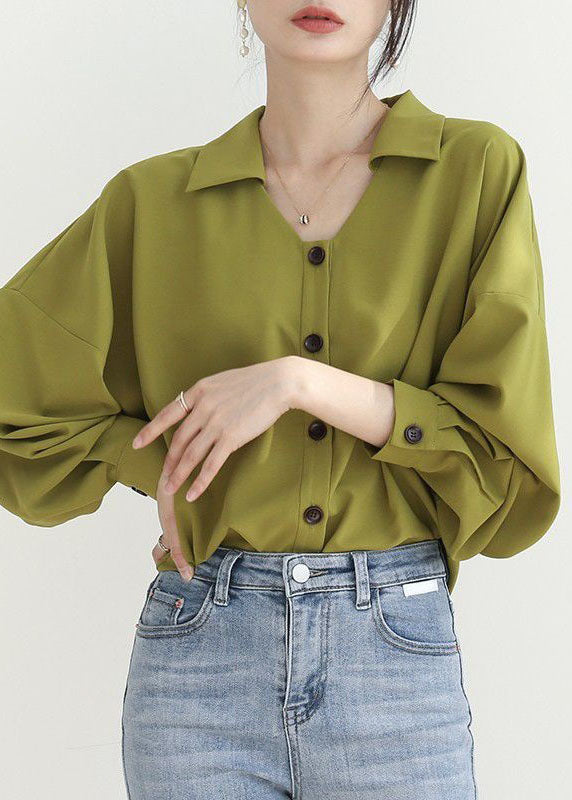 Art Green Peter Pan Collar Wrinkled Patchwork Chiffon Shirt Spring