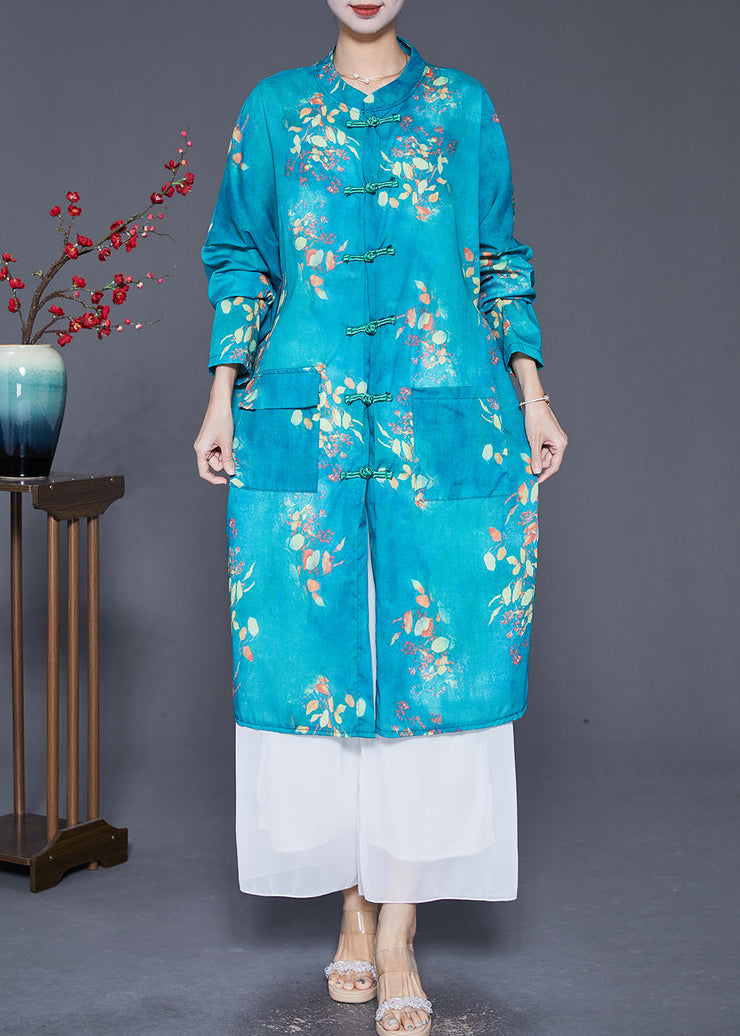 Art Green Print Chinese Button Linen Long Shirts Fall