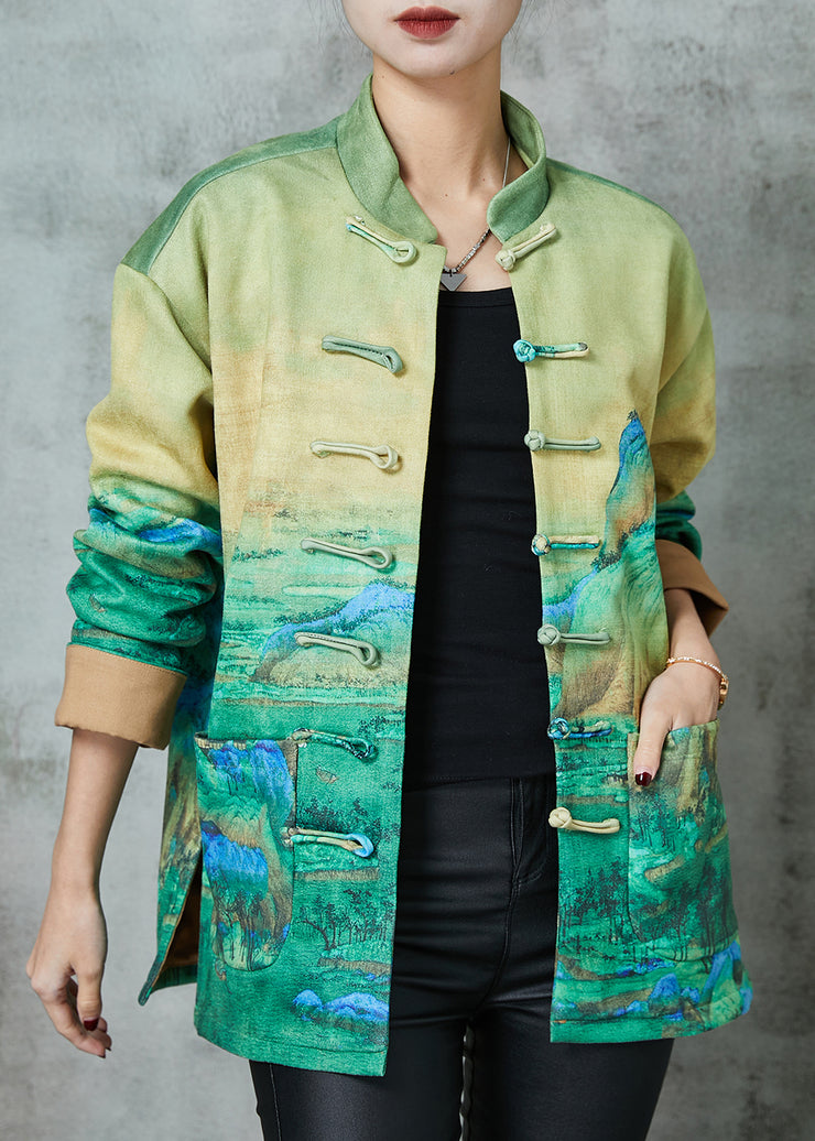 Art Green Print Chinese Button Silk Jacket Spring