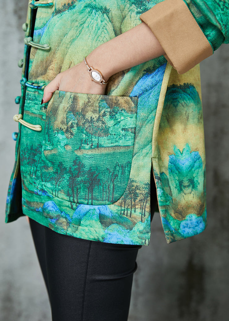 Art Green Print Chinese Button Silk Jacket Spring