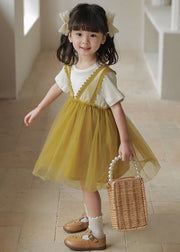 Art Green Ruffled Tulle Patchwork Kids Mid Dress Summer