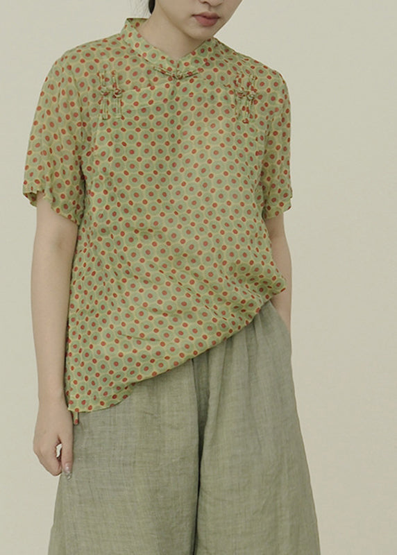 Art Green Stand Collar Dot Button Top Short Sleeve