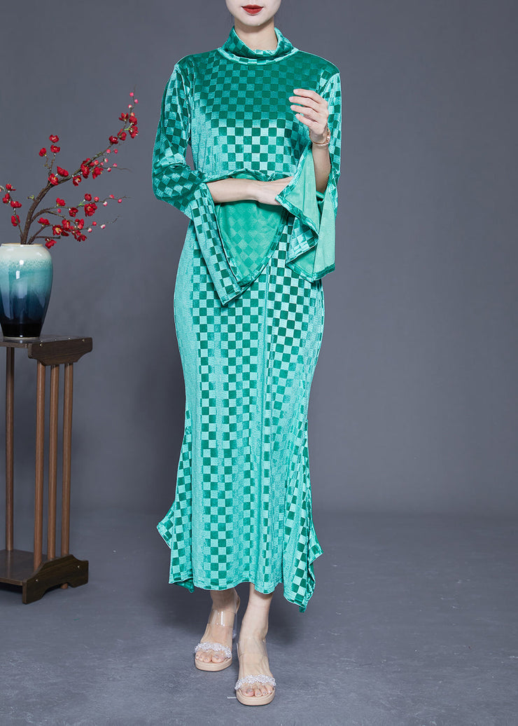 Art Green Stand Collar Plaid Side Open Silk Velour Long Dress Flare Sleeve