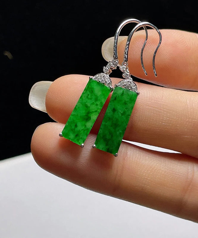 Art Green Sterling Silver Inlaid Zircon Rectangular Jade Drop Earrings