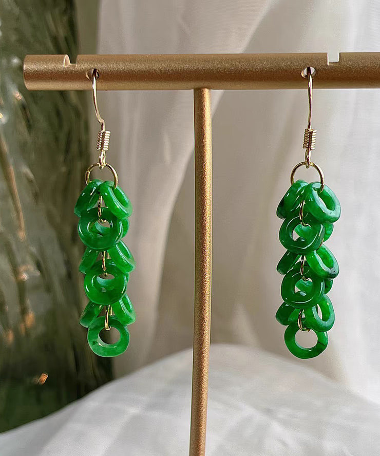 Art Green Sterling Silver Overgild Jade Tassel Drop Earrings