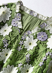 Art Green V Neck Floral Embroideried Lace Dress Half Sleeve