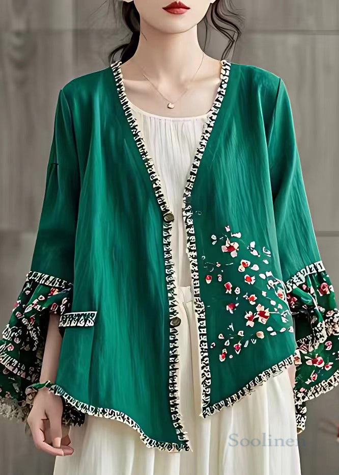 Art Green V Neck Print Button Cotton Coat Long Sleeve