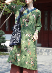 Art Green V Neck Print Patchwork Cotton Dress Half Sleeve