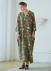 Art Green V Neck Print Pockets Chiffon Robe Dresses Summer