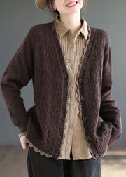 Art Green V Neck Single Breasted Knit Cardigan Winter