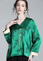 Art Green V Neck Tasseled Jacquard Patchwork Silk Tops Spring