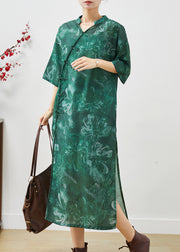 Art Green V Neck Tie Dye Linen Oriental Dresses Summer