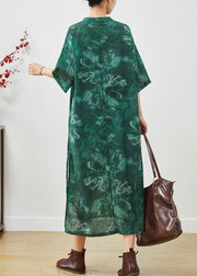 Art Green V Neck Tie Dye Linen Oriental Dresses Summer