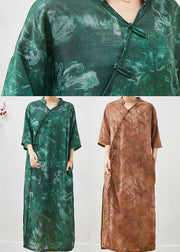 Art Green V Neck Tie Dye Linen Oriental Dresses Summer