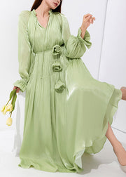 Art Green V Neck Wrinkled Lace Up Silk Maxi Dresses Butterfly Sleeve