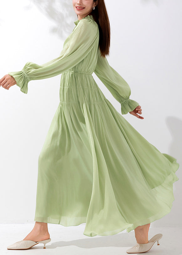 Art Green V Neck Wrinkled Lace Up Silk Maxi Dresses Butterfly Sleeve