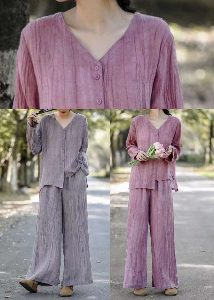 Art Grey Asymmetrical Wrinkled Linen Two Pieces Set Spring