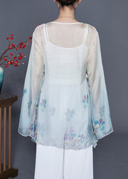 Art Grey Blue Print Lace Up Chiffon UPF 50+ Top Flare Sleeve