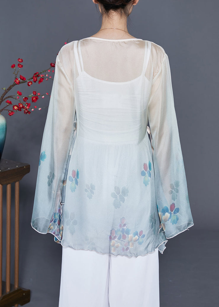 Art Grey Blue Print Lace Up Chiffon UPF 50+ Top Flare Sleeve