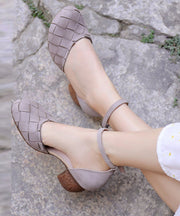 Art Grey Chunky Cowhide Leather Comfy Splicing High Heels