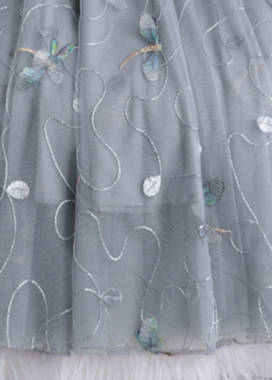 Art Grey Dragonfly Embroideried High Waist Tulle Skirts Summer