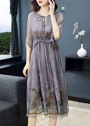 Art Grey Hooded Embroideried Patchwork Silk Fake Two Piece Dress Half Sleeve