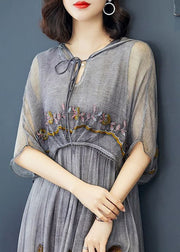 Art Grey Hooded Embroideried Patchwork Silk Fake Two Piece Dress Half Sleeve