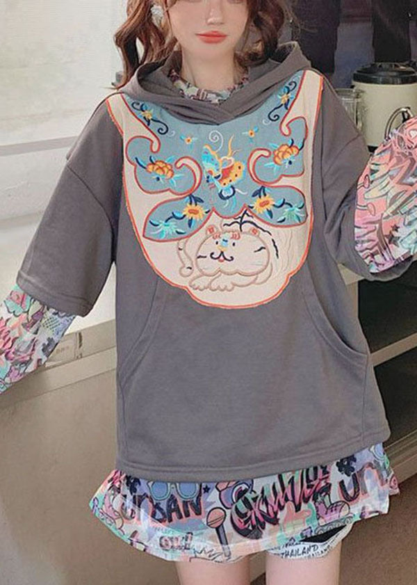 Art Grey Hooded Embroideried Print Cotton Two Piece Set Women Clothing