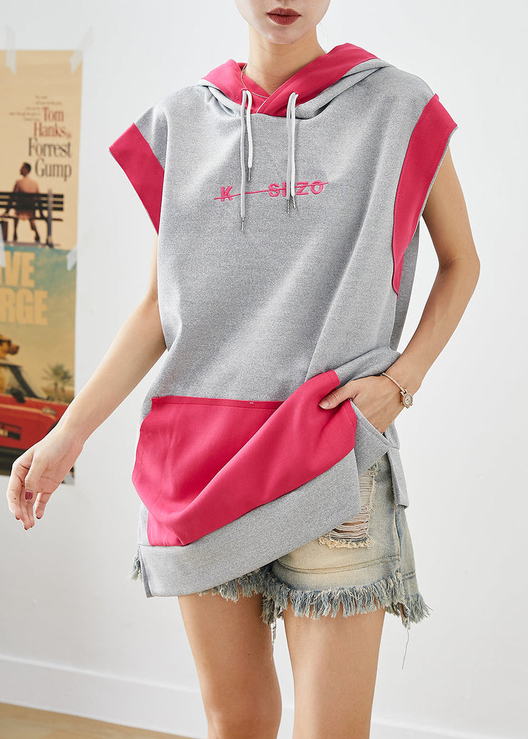 Art Grey Hooded Patchwork Pockets Cotton Pullover Streetwear Summer