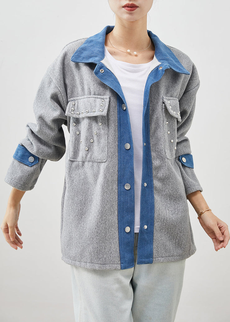 Art Grey Oversized Patchwork Rivet Woolen Jacket Spring