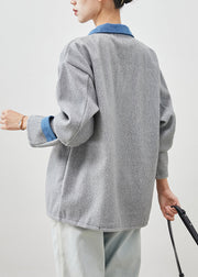 Art Grey Oversized Patchwork Rivet Woolen Jacket Spring