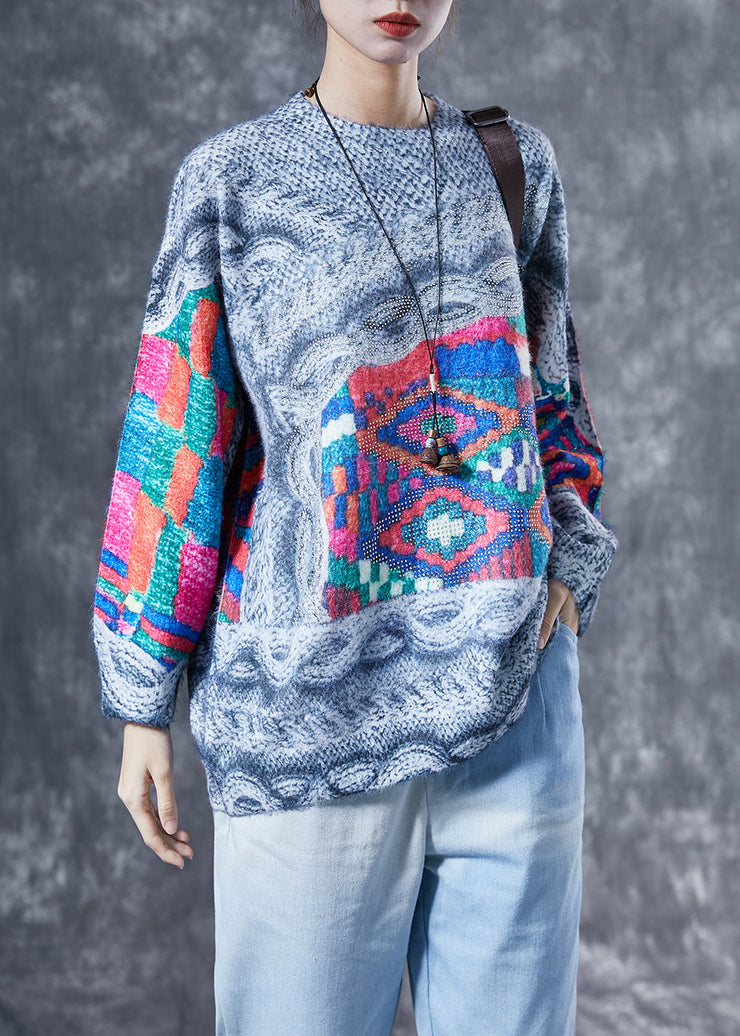 Art Grey Oversized Print Knit Pullover Spring