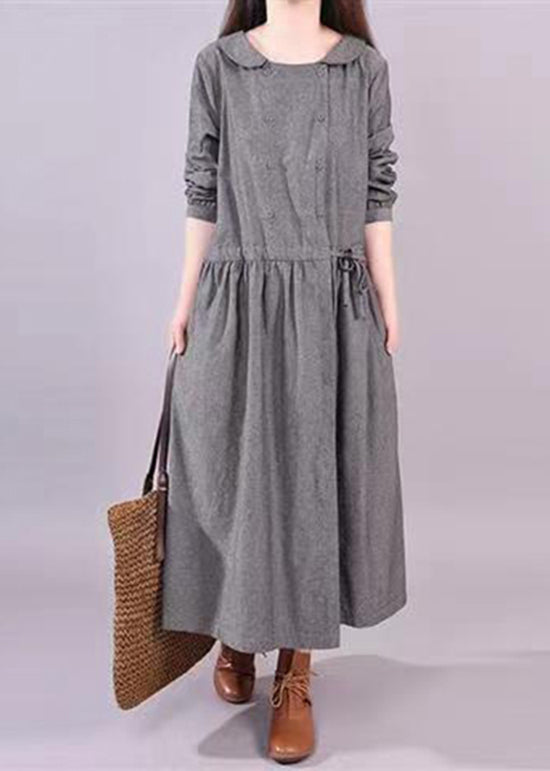 Art Grey Peter Pan Collar Drawstring Patchwork Cotton Dress Fall