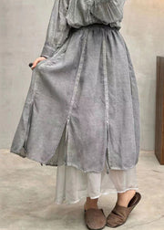 Art Grey Pockets Elastic Waist Cotton Skirt Fall