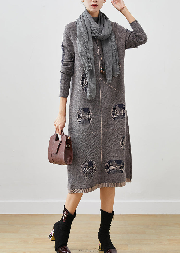 Art Grey Stand Collar Print Knit Sweater Dress Spring