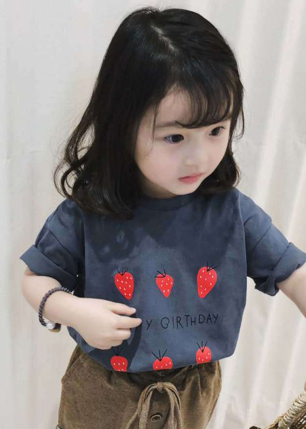 Art Grey Strawberry Print Kids Girls Tops Short Sleeve