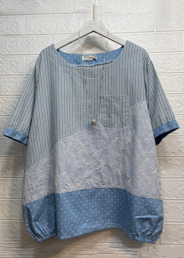 Art Grey Striped Asymmetrical Jacquard Patchwork Cotton Top Short Sleeve