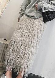 Art Grey Tasseled Hollow Out Knit Skirt Fall