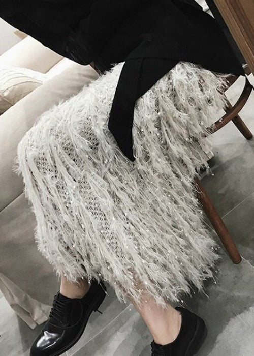 Art Grey Tasseled Hollow Out Knit Skirt Fall