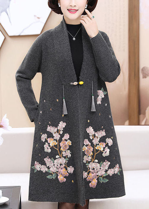 Art Grey V Neck Embroideried Woolen Trench Coats Long Sleeve