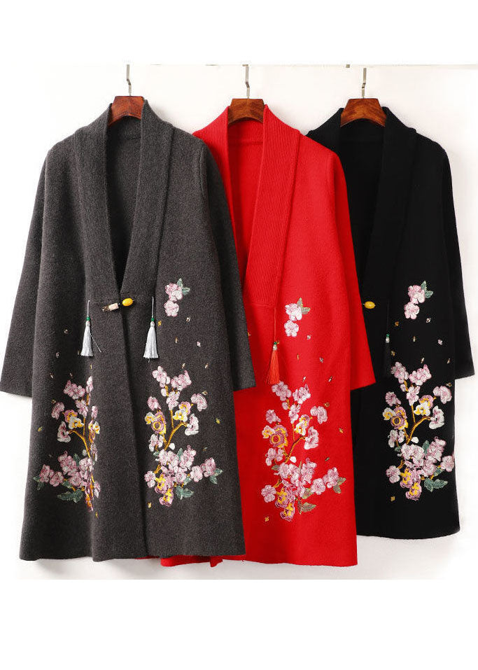 Art Grey V Neck Embroideried Woolen Trench Coats Long Sleeve