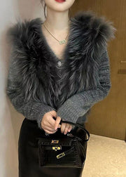 Art Grey V Neck Fur Collar Cotton Knit Sweater Winter