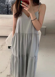 Art Grey V Neck Wrinkled Cotton Spaghetti Strap Beach Holiday Dress Summer