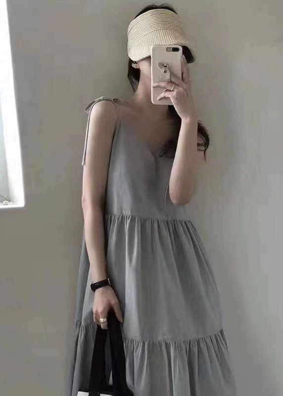 Art Grey V Neck Wrinkled Cotton Spaghetti Strap Beach Holiday Dress Summer